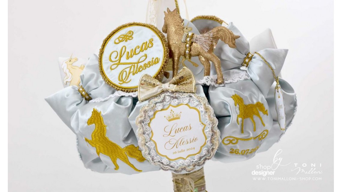 Lumanare botez regala cu broderie personalizata Royal Horse Gold 8